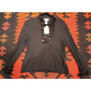 NEW Vintage Talbots Womens Black Top Sequined Beaded Details On Collar & Cuffs